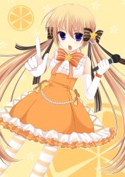  :o agekichi_(heart_shape) bad_id bad_pixiv_id blonde_hair blush bow dress elbow_gloves female gloves highres kuu_(agekichi) long_hair microphone orange_dress original pantyhose purple_eyes skirt solo striped_clothes striped_pantyhose twintails very_long_hair 