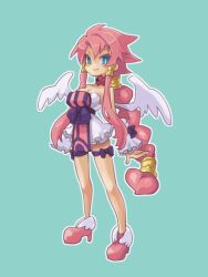  :&gt; angel_wings bad_id bad_pixiv_id bare_legs bare_shoulders blue_eyes choker colored_eyelashes disgaea female full_body hair_tubes long_hair makai_senki_disgaea_4 pink_hair shoes sidelocks skirt smile solo t_(ttkxxx) tabard vulcanus_(disgaea_4) wings 