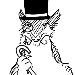  1:1 ambiguous_gender black_and_white cane clothing eyewear facial_hair gentleman hat headgear headwear low_res male mammal monochrome monocle moustache sergal sir_double-faggot solo top_hat 