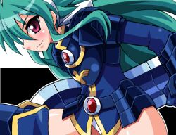  armor chirorian commentary_request female green_hair long_hair polaris_(shinrabanshou) red_eyes shinrabanshou smile solo 