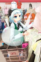  basket black_hairband blue_eyes clothes commentary_request contemporary female hairband highres hitodama konpaku_youmu konpaku_youmu_(ghost) photoshop_(medium) shimamura_youmu_(unadare) shopping short_hair solo t.o.d touhou white_hair 