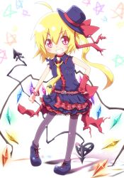  ahoge alternate_costume ayakashi_(monkeypanch) belt blonde_hair bow commentary_request female flandre_scarlet hat highres necktie open_mouth pantyhose red_eyes side_ponytail simple_background skirt slit_pupils smile solo touhou wings 