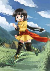  :d bad_id bad_pixiv_id black_hair black_thighhighs blue_eyes blush boots cloud day female grass kouno_hikaru long_hair open_mouth original ponytail running sky smile solo thigh_boots thighhighs very_long_hair 