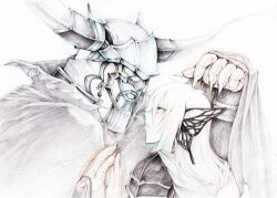  2boys armor blush butterfly_wings cape cloak commentary_request couple dissidia_final_fantasy final_fantasy final_fantasy_i fingernails garland_(ff1) gem head_wings helmet holding_hands horns insect_wings long_hair looking_at_another magnet_(vocaloid) male_focus monochrome multiple_boys outstretched_arm parted_lips pauldrons profile sharp_fingernails shoulder_armor simple_background vocaloid warrior_of_light_(ff1) white_background whitmoon wings yaoi 