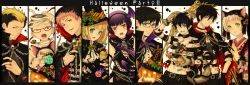  3girls 6+boys animal_ears ao_no_exorcist bandages bat_wings black_hair blush brothers candy cat_ears chains checkerboard_cookie commentary_request cookie creator_connection cross cupcake earrings food glasses gloves green_eyes halloween hat highres hood jack-o&#039;-lantern jewelry kamiki_izumo lollipop midriff miwa_konekomaru miyama-uguisu_monaka miyama-uguisu_tei_jiken moriyama_shiemi multicolored_hair multiple_boys multiple_girls necktie okumura_rin okumura_yukio open_mouth pointy_ears pumpkin purple_hair red_eyes ring safety_pin shima_renzou short_hair siblings skull smile suguro_ryuuji swirl_lollipop two-tone_hair wings witch_hat yoru_(miyama-uguisu_tei_jiken) yuuno_(yukioka) 