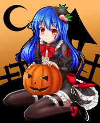  alternate_costume black_dress black_thighhighs blue_hair blush commentary_request crescent dress female food frilled_thighhighs frills fruit halloween hat hinanawi_tenshi honda_takaharu jack-o&#039;-lantern long_hair peach pumpkin red_eyes ribbon shoes sitting skirt solo thighhighs touhou wariza 