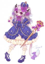  alternative_fashion anthro biped clothing crown domestic_cat dress felid feline felis female footwear headgear heart_symbol hi_res hime_lolita hindpaw j-fashion jewelry legwear lolita_(fashion) looking_at_viewer mammal mary_janes melee_weapon pawpads paws pinup polearm pose purple_eyes ribbons shoes simple_background socks solo staff standing suan-cat tail weapon white_background young young_anthro young_female 