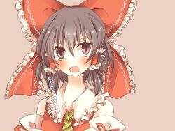  ascot bad_id bad_pixiv_id blush bow brown_eyes brown_hair detached_sleeves dress female hair_tubes hairbow hakurei_reimu highres open_mouth pasutel photoshop_(medium) red_dress simple_background solo touhou translated 