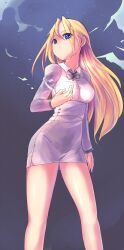  blonde_hair blue_eyes blush breasts dress female highres long_hair open_mouth original saiste solo 