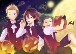  3boys ahoge amagase_touma bat_(animal) blonde_hair blue_eyes brown_eyes brown_hair cape chocho_(homelessfox) closed_eyes commentary_request fingerless_gloves full_moon gloves green_hair halloween idolmaster idolmaster_(classic) idolmaster_2 ijuuin_hokuto jack-o&#039;-lantern male_focus mitarai_shouta moon multiple_boys my_dear_vampire_(idolmaster) oerba_yun_fang one_eye_closed photoshop_(medium) pumpkin shorts sky smile star_(sky) starry_sky 