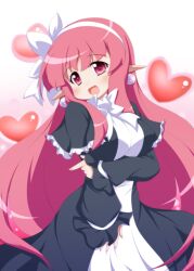  black_capelet blush bow breasts capelet commentary_request disgaea dress earrings female hair_ribbon hairband heart holding_own_arm jewelry large_breasts long_hair mage_(disgaea) oborotsuki_kakeru pointy_ears red_eyes red_hair ribbon shawl smile solo 