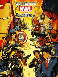  6+boys absurdres capcom captain_america clint_barton crossover dante_(devil_may_cry) dead_rising devil_may_cry_(series) devil_may_cry_3 doctor_strange franceso_francavilla frank_west ghost_rider gyakuten_saiban hawkeye_(marvel) highres iron_fist_(marvel) iron_man makaimura male_focus marvel marvel_vs._capcom marvel_vs._capcom_3 multiple_boys mystical_high_collar naruhodou_ryuuichi nemesis_(resident_evil) nova_(marvel) official_art opposing_sides photoshop_(medium) red_arremer resident_evil resident_evil_3:_nemesis retro_artstyle rocket_raccoon ryu_(street_fighter) steve_rogers street_fighter strider_(video_game) strider_hiryuu tony_stark vergil_(devil_may_cry) wizard 