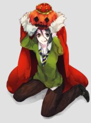  1boy :q bad_id bad_pixiv_id cape crown fate/zero fate_(series) green_eyes halloween highres hinatsu jack-o&#039;-lantern kneeling male_focus necktie photoshop_(medium) pumpkin solo tongue tongue_out waver_velvet 