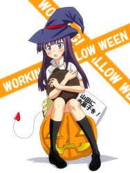  apron black_socks commentary_request copyright_name demon_tail female halloween hat jack-o&#039;-lantern karuta_(karuta01) kneehighs long_hair looking_at_viewer pumpkin purple_eyes purple_hair simple_background sitting socks solo tail tray tsurime waitress white_background witch_hat working!! yamada_aoi 