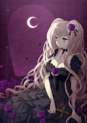  aqua_eyes arm_support black_choker black_dress blonde_hair breasts choker cleavage commentary_request crescent_moon cross dress dress_flower expressionless female flower gem gothic_lolita hair_flower hair_ornament large_breasts lolita_fashion long_hair looking_afar looking_ahead mami_(apsaras) moon original petals purple_flower purple_gemstone purple_rose purple_theme rose rose_petals shadow solo twintails very_long_hair 