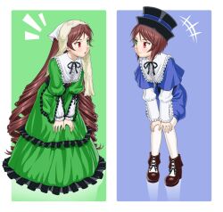  2girls brown_hair commentary_request dress frills hairband hat heterochromia ichikawa_masahiro kodona lolita_fashion long_hair multiple_girls pantyhose porkpie_hat rozen_maiden short_hair siblings sisters souseiseki suiseiseki twins very_long_hair 