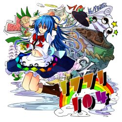  arms_up blue_hair boots bow commentary_request female fish food fruit halo hat heart hinanawi_tenshi keystone long_hair navel oarfish open_mouth pandora-ex peach rainbow red_eyes skirt smile solo touhou unworn_hat unworn_headwear yin_yang 