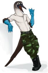  anthro avian beak belt bird blue-footed_booby booby_(bird) boots bottomwear camo camo_print claws clothed clothing conditional_dnp feathers feet footwear gesture leaning male membrane_(anatomy) pants sefeiren solo sterk sulid tail tail_feathers talons toes topless waving webbed_hands 