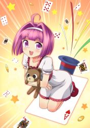  ace_(playing_card) ahoge bear blush card choco_(rio) commentary_request female floating_card hat kuri_youkan mint_clark open_mouth playing_card purple_eyes purple_hair short_hair smile solo star_(symbol) stuffed_animal stuffed_toy super_blackjack top_hat 