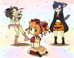  3girls animal_hands bandages bat_(animal) blood blush boots bow bubble_skirt candy cape closed_eyes commentary_request costume facial_tattoo food ganaha_hibiki hair_ornament hairbow halloween hamster_costume hamster_tail idolmaster idolmaster_(classic) jack-o&#039;-lantern kisaragi_chihaya kome-me lollipop multiple_girls navel nosebleed pumpkin pumpkin_pants sarashi sitting skirt star_(symbol) staring tail takatsuki_yayoi tattoo wariza werewolf wolf_tail 