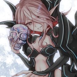  armor blush breasts cardfight!!_vanguard cleavage commentary_request female fingernails grey_eyes grin long_fingernails looking_at_viewer medium_breasts navel pink_hair pointy_ears shintani_tsushiya skull skull_witch_nemain smile solo 