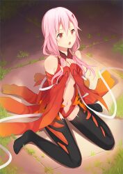  black_thighhighs commentary_request female guilty_crown hands_on_own_chest kurasawa_moko long_hair navel open_mouth photoshop_(medium) pink_hair red_eyes sitting solo thighhighs wariza yuzuriha_inori 