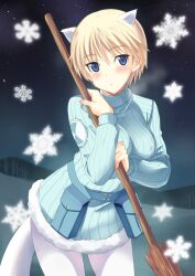  animal_ears bad_id bad_pixiv_id blonde_hair blue_eyes blush brave_witches breasts breath broom female kyogoku_shin medium_breasts night night_sky nikka_edvardine_katajainen pantyhose pouch short_hair sky snow snowflakes solo star_(sky) starry_sky sweater tail weasel_ears weasel_girl weasel_tail white_pantyhose world_witches_series 