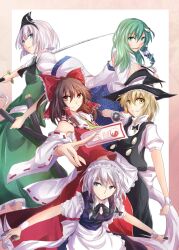  5girls between_fingers black_dress blonde_hair blue_dress blue_eyes bow braid brown_hair commentary_request detached_sleeves dress frog gohei green_eyes green_hair hair_ribbon hair_tubes hairbow hakurei_reimu hat holding izayoi_sakuya katana kirisame_marisa knife kochiya_sanae konpaku_youmu maid maid_headdress midriff mini-hakkero multiple_girls ofuda open_mouth ram_hachimin red_eyes ribbon sarashi scabbard sheath shirt skirt smile snake sword touhou twin_braids unsheathed weapon white_hair witch_hat yellow_eyes yin_yang 