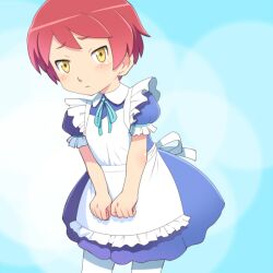  1boy alternate_costume apron blush commentary_request crossdressing desil_galette enmaided frills gundam gundam_age maid male_focus meow_(nekodenki) otoko_no_ko pantyhose red_hair short_hair solo yellow_eyes 