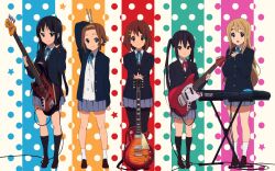  5girls akiyama_mio bass_guitar black_hair blonde_hair brown_eyes brown_hair drumsticks electric_guitar fender_jazz_bass fender_musical_instruments_corporation fender_mustang full_body gibson_brands_inc gibson_les_paul grey_eyes guitar highres hirasawa_yui horiguchi_yukiko instrument k-on! keyboard_(instrument) korg korg_triton kotobuki_tsumugi left-handed lineup long_hair multiple_girls nakano_azusa official_art pantyhose polka_dot polka_dot_background sakuragaoka_high_school_uniform school_uniform smile standing tainaka_ritsu yellow_eyes 