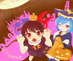  2girls alternate_costume asymmetrical_wings black_hair blue_hair blush commentary_request dress finger_to_tongue halloween hat highres houjuu_nue jack-o&#039;-lantern multiple_girls oerba_yun_fang one_eye_closed open_mouth pumpkin red_eyes roteri_(roteri_69) short_hair skin_fang tatara_kogasa tongue tongue_out touhou trick_or_treat wings witch_hat 