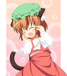  animal_ears blush bow brown_hair cat_ears cat_tail chen closed_eyes commentary_request earrings female hat heart heart_tail highres jewelry multiple_tails oerba_yun_fang open_mouth pila-pela ribbon short_hair solo tail touhou 