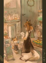  anthro apron avian bird canid canine clothed clothing container dipstick_tail door duo female flower footwear fox inside jar lolicon mammal markings nest pen plant shirotaka shoes tail tail_markings writing_text young 