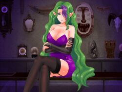  blush breasts cleavage dress green_hair large_breasts legwear long_hair misery_(outer_zone) outer_zone pantyhose piccalilli smile stockings thighhighs 