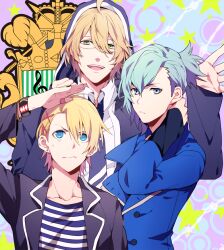  3boys ahoge bad_id bad_pixiv_id blonde_hair blue_eyes blue_hair earrings glasses green_eyes hair_ornament hairclip jewelry kurusu_shou male_focus mikaze_ai multiple_boys necktie open_mouth school_uniform shinomiya_natsuki_(uta_no_prince-sama) shirt star_(symbol) striped_clothes striped_necktie striped_shirt teeth uta_no_prince-sama yuzumame 