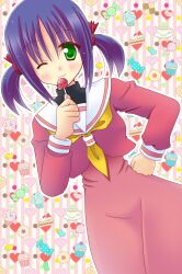  bad_id bad_pixiv_id black_tea blush cake cake_slice candy checkerboard_cookie cookie cup cupcake female food fruit green_eyes hair_ribbon hakuo_school_uniform hand_on_own_hip hayate_no_gotoku! heart highres hinata_mirun jelly_bean lollipop nishizawa_ayumu one_eye_closed plate purple_hair ribbon school_uniform serafuku short_hair smile solo strawberry strawberry_shortcake sweets tea teacup thumbprint_cookie twintails 