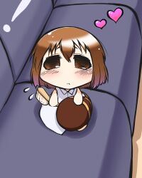  ! blush brown_eyes brown_hair chibi commentary_request couch dress female flying_sweatdrops hagiwara_yukiho hair_brush haruichi_(komikal) heart holding_own_tail idolmaster idolmaster_(classic) parted_lips puchimasu! raccoon_tail short_hair solo sweatdrop tail white_dress yukipo 