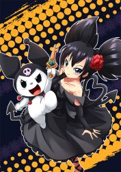  black_hair blue_eyes blush bridal_gauntlets commentary_request demon_tail dress female flower hair_flower hair_ornament heart heart_tail kuromi kurumi_nui onegai_my_melody photoshop_(medium) sanrio smile solo tail twintails ukan_muri 