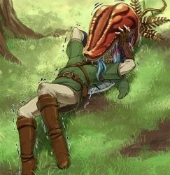  1boy bad_id bad_pixiv_id boots deku_baba eating fingerless_gloves gloves grass hat link male_focus motion_lines pants shiwashiwa_no_kinchakubukuru the_legend_of_zelda the_legend_of_zelda:_twilight_princess vore 