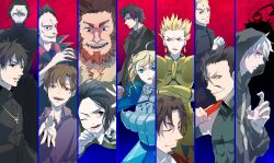  6+boys artoria_pendragon_(fate) assassin_(fate/zero) bad_id bad_pixiv_id berserker_(fate/zero) column_lineup diarmuid_ua_duibhne_(lancer)_(fate) emiya_kiritsugu everyone fate/zero fate_(series) female gilgamesh_(fate) gilles_de_rais_(caster)_(fate) highres hinatsu iskandar_(fate) kayneth_el-melloi_archibald kotomine_kirei matou_kariya multiple_boys photoshop_(medium) saber_(fate) tohsaka_tokiomi uryuu_ryuunosuke waver_velvet 