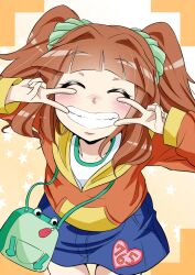  ^_^ bag blush brown_hair closed_eyes commentary_request double_v female grin hood hoodie idolmaster idolmaster_(classic) long_hair skirt smile solo takatsuki_yayoi twintails v yoekosukii 