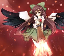  arm_cannon black_wings blush bow brown_eyes brown_hair cape commentary_request female firing green_skirt hairbow highres lights long_hair reiuji_utsuho sakura-no shirt skirt solo third_eye touhou weapon wings 