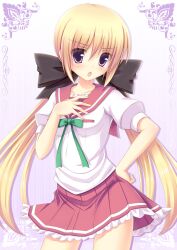  :o bad_id bad_pixiv_id blonde_hair blush borrowed_character bow collarbone cowboy_shot female hairbow hand_on_own_chest hand_on_own_hip head_tilt highres ichiroku kuu_(agekichi) long_hair looking_at_viewer miniskirt open_mouth original photoshop_(medium) pleated_skirt purple_eyes school_uniform short_sleeves skirt solo twintails 