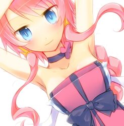  armpits arms_up artist_request blue_eyes bow braid bright_pupils closed_mouth disgaea female hair_tubes long_hair makai_senki_disgaea_4 pink_hair ribbon sidelocks smile solo tabard upper_body vulcanus_(disgaea_4) 