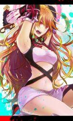  :o armpits arms_up bad_id bad_pixiv_id blonde_hair choker female gloves highres long_hair midriff milla_maxwell navel open_mouth red_eyes shirt skirt solo strapless sumi_(38page) sword tales_of_(series) tales_of_xillia taut_clothes taut_shirt tube_top weapon 