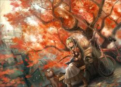  autumn autumn_leaves bicycle book canine city commentary_request dress dutch_angle female green_hair leaf light_rays long_hair matsumoto_mitsuaki original outdoors partial_commentary photoshop_(medium) sitting solo sunbeam sunlight tree 