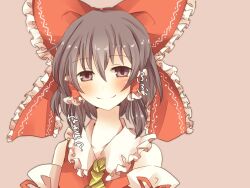  ascot bad_id bad_pixiv_id blush bow brown_eyes brown_hair detached_sleeves dress female hair_tubes hairbow hakurei_reimu highres pasutel photoshop_(medium) red_bow red_dress simple_background smile solo touhou translated 