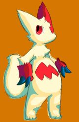  ambiguous_gender claws fur generation_3_pokemon heihachi markings nintendo orange_background pokemon pokemon_(species) red_eyes red_markings simple_background solo white_body white_fur zangoose 