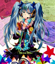  aqua_eyes aqua_hair commentary_request female fingerless_gloves gloves hatsune_miku headphones headset long_hair necktie skirt solo tenne thighhighs twintails vocaloid 