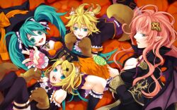  1boy 3girls animal_ears animal_hands aqua_eyes aqua_hair blonde_hair candy cat_ears cat_paws cat_tail commentary_request food halloween hatsune_miku kagamine_len kagamine_rin kneehighs megurine_luka multiple_girls oerba_yun_fang open_mouth red_hair socks tail thighhighs tsuto twintails vocaloid 